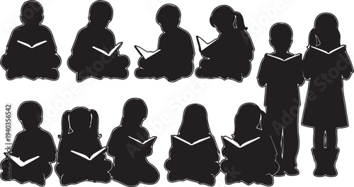 Black and white silhouette vector illustration of two children reading books back to back, education, childhood learning, study, knowledge, imagination