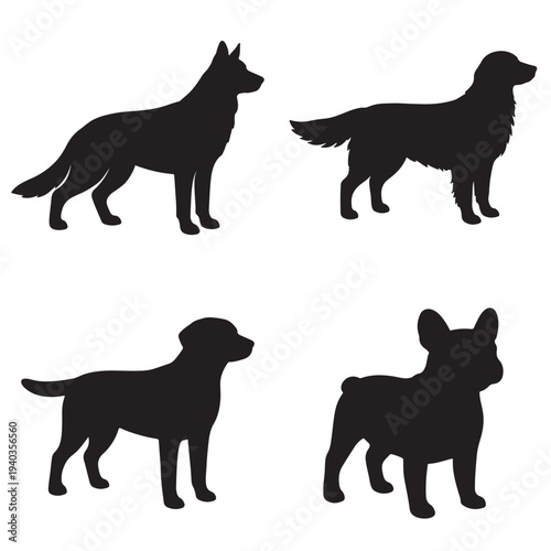 Four Dog Silhouettes Isolated on White Background Various Breeds