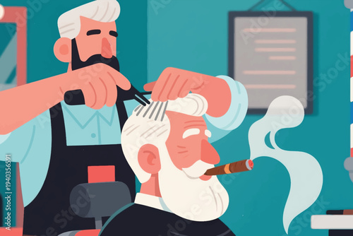 Elderly man with white hair and beard smoking cigar while barber trims hair with comb and scissors, classic barbershop interior with certificate on wall.