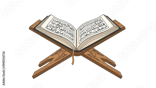 An open holy book lies on a wooden stand with intricate carvings, displaying sacred text in a serene environment.