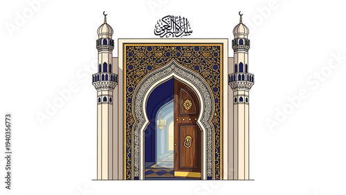 Ornate doorway illustration featuring arches, towers, and intricate design elements in a traditional architectural style
