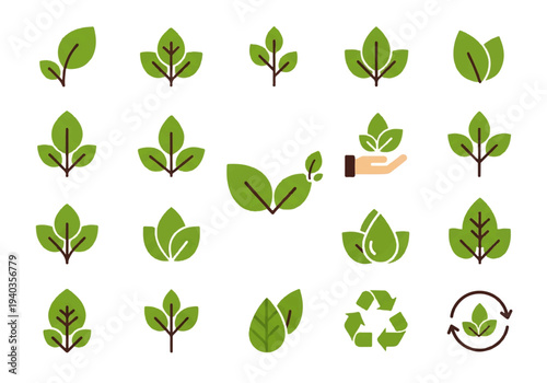 A flat design illustration vector graphic featuring various green leaves and a hand holding a leaf against a white background with recycling symbol.