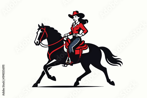 Cowboy in red hat, shirt, and saddle riding black horse with flowing mane, dynamic galloping motion on plain white background highlighting bold colors and contrast.