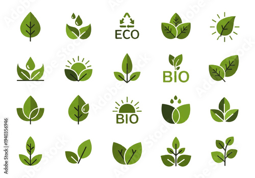 A flat design illustration vector of various green leaf icons and eco bio symbols on a white background.