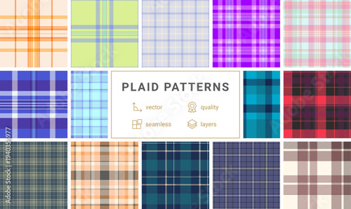 Plaid bundle designed for website backgrounds. Coordinated tartan patterns enhance web pages, banners, and headers. Vector files scale perfectly.