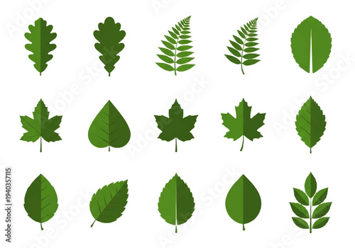 A flat design illustration vector of various green leaves arranged in rows on a white background.