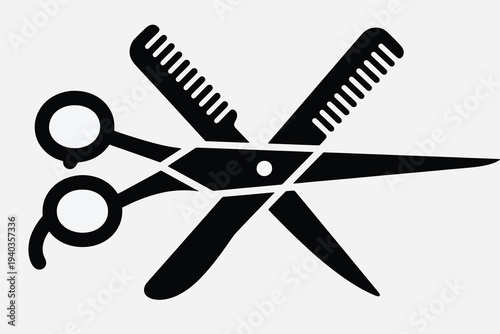 Black silhouette of scissors and two combs crossed diagonally, bold minimal design on light background symbolizing hairdressing and barbershop identity.
