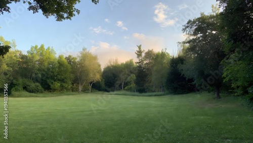 Soft light bathes a quiet, expansive grassy field