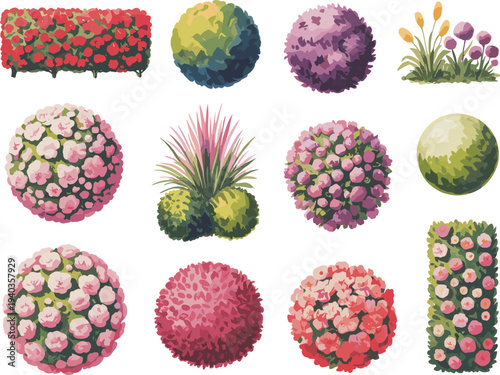 Colorful topiary and flowering plants in stylized digital illustration featuring spheres, cylinders, and natural clusters for decorative garden design and creative landscape artwork