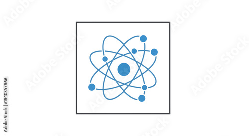 Simple blue atom icon on white background.