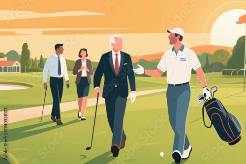 Group of professionals in business attire with caddie on golf course at sunset, engaged in conversation near flag and clubhouse, blending leisure with networking.