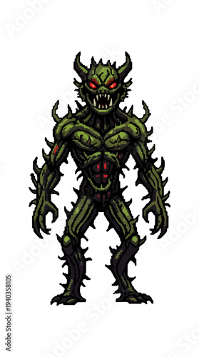 Green demon creature with horns and spikes on black background