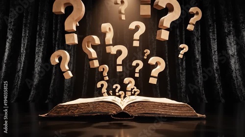 Old open book with question marks rising under dramatic spotlight illumination