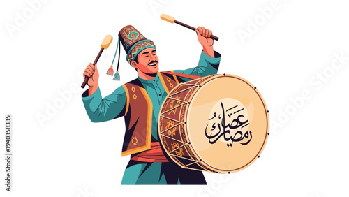 Man in traditional attire enthusiastically playing a large drum with mallets in a dynamic illustration