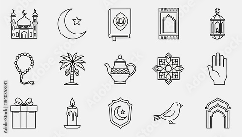Collection of Islamic symbols and icons representing faith, culture, and traditions, displayed as illustrations on a clean background.