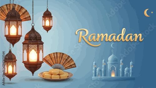 Ramadan lanterns and mosque silhouetted against a serene blue background with crescent moon visible