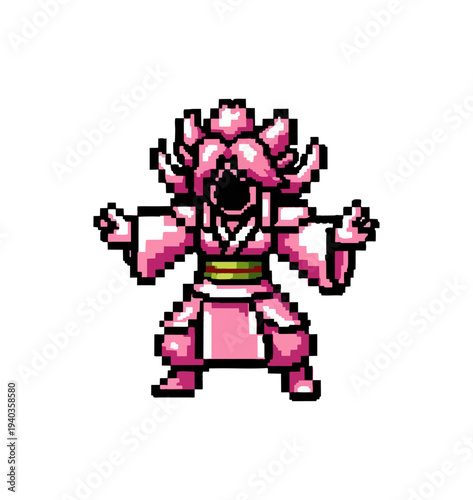 Pixelated female warrior in pink attire posing frontal view