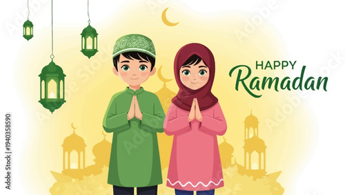 Illustration of a boy and girl praying together during Ramadan, standing in front of a mosque with hanging lanterns