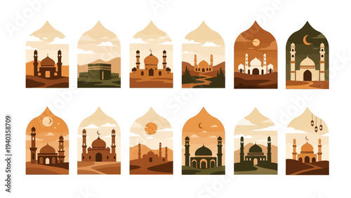 Collection of Architectural Landmarks and Mosques Illustrated in Various Shades and Styles