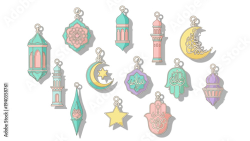 Colorful Islamic charms and symbols arranged in a festive pattern, featuring moon, stars, lanterns, and geometric shapes.