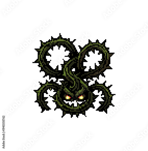 Pixelated plant monster with spiky vines and glowing eyes