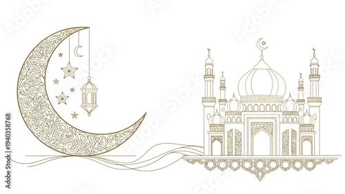 Crescent moon and mosque illustration depicting a serene Islamic scene with cultural significance and architectural beauty