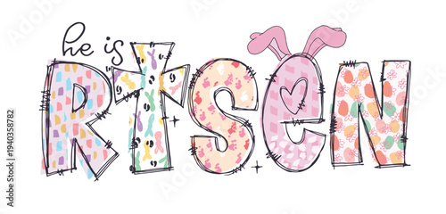 He is Risen! Happy Easter! Cute hand drawn doodle lettering quote about egg hunt. Lettering for t-shirt design, mug print, bag print, clothes fashion. 100% hand drawn vector image.