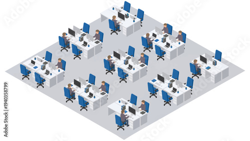 Isometric illustration of business people working in a modern open plan corporate office.