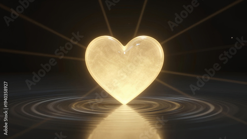 Glowing Golden Heart Floating Above Rippling Water Surface with Radiant Light Beams and Dark Background for Love Romance or Wellness Concept