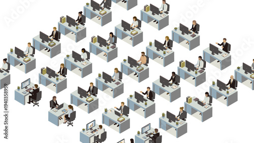 Isometric illustration of business people working in a modern open plan corporate office.