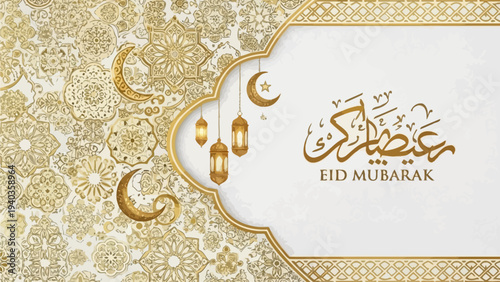 Elegant Eid Mubarak Greeting Card with Intricate Gold Design and Arabic Calligraphy on White Background