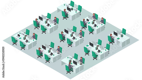 Isometric illustration of business people working in a modern open plan corporate office.
