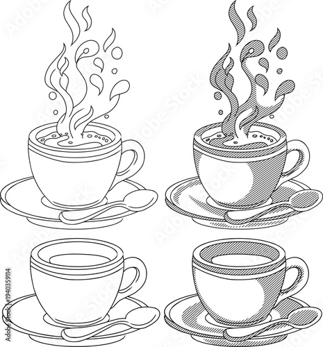 Vintage etching style coffee cup set, social sharing,kindness,and "pay it forward" concept.