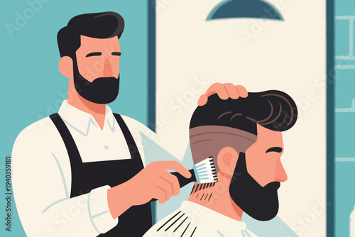 Barber in white shirt and black apron using clipper to trim fade haircut on bearded customer, mirror background inside professional barbershop setting.