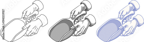 Hands holding raw material scoop in vintage etching style.represents quality control for grain, powder, coffee beans, or seeds in a classic industrial style.