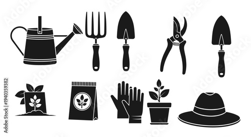 Collection of black silhouette icons representing gardening tools and supplies for planting