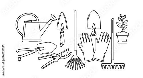 Collection of essential gardening tools and a potted plant, line art illustration
