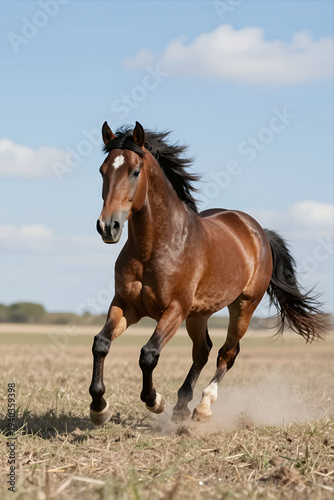 Majestic Brown Horse Galloping Across Open Field Kicking up Dust under Bright Blue Sky with Fluffy Clouds Natural Wildlife Photography