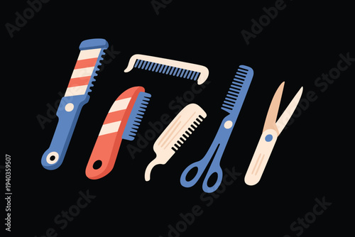 Colorful barber tools including razors, combs, and scissors on black background, stylized design highlighting essential grooming instruments.