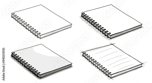 Collection of four hand-drawn spiral notebooks in isometric perspective