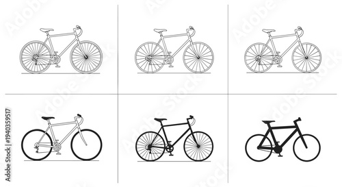 Collection of bicycle illustrations in various styles and colors, showcasing different designs