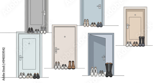 Diverse pairs of shoes and boots neatly arranged before multiple doorways in an inviting residential setting