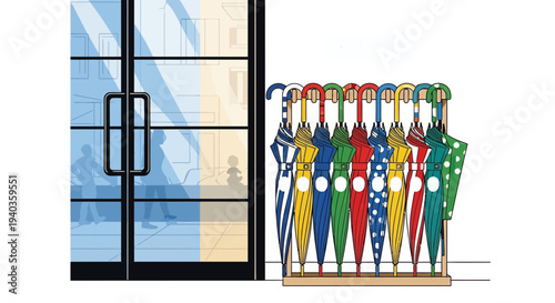 A colorful collection of umbrellas neatly arranged in a holder next to a modern doorway with shadowy figures inside