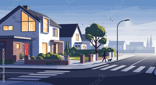 Person walking dog on suburban street with houses and trees in the background