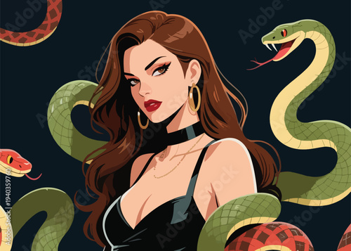 Confident woman in black outfit with choker and gold earrings surrounded by colorful snakes on dark background, bold dramatic illustration symbolizing mystique and power.