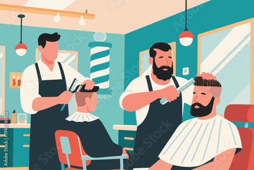 Two barbers in black aprons cutting hair of seated clients in striped capes, modern barbershop interior with mirrors, pole, tools, and teal beige color scheme.