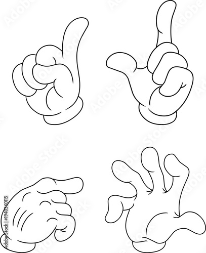 Cartoon Gloved Hand Gestures Set - Idea, Pointing, Agreement, and Shock.