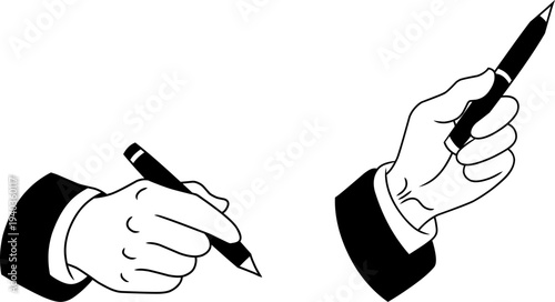 Vintage Cartoon Hand Gestures with Pen Set,classic writting gesture andpointing or presentation gesture.ideal for icons, educational materials, and editorial designs.
