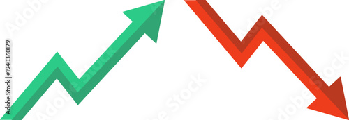 Set of Green Upward and Red Downward Financial Arrows Representing Economic Growth and Recession.