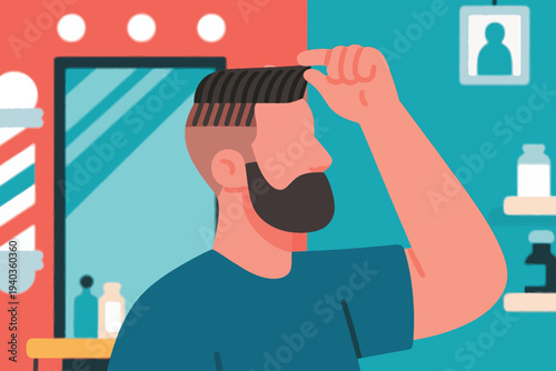 Man with neat beard and modern hairstyle adjusting hair in mirror, blue shirt, contemporary barbershop interior with striped design, shelves, and grooming products.